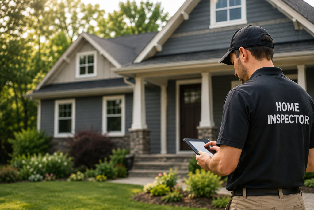 Complete Home Inspection inspector reviewing a home exterior on a tablet