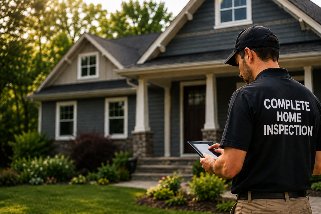 Complete Home Inspection inspector recording findings at the front of a home
